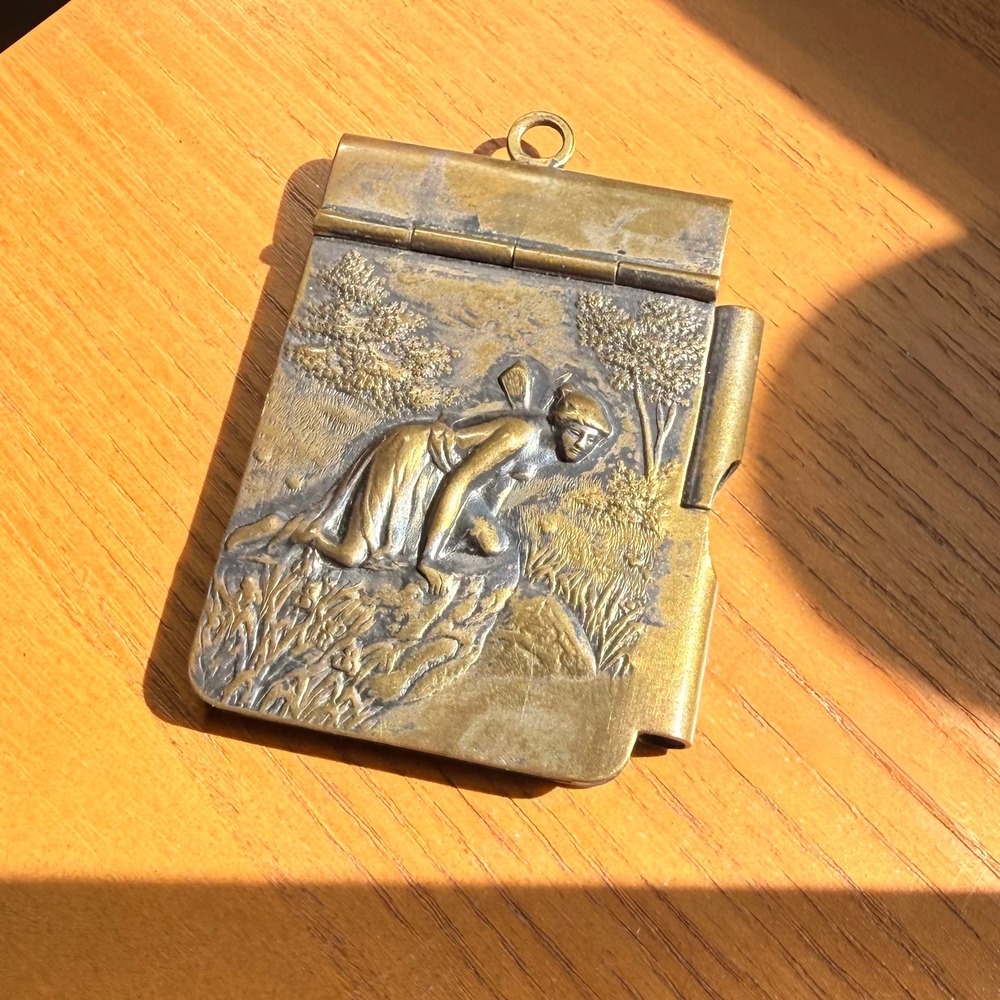 Antique Art Nouveau Brass Aide-Memoire Fairy Repousse Notebook Early 1900s